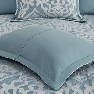 English Elm 8 Piece Jacquard Comforter Set - Luxurious Aqua/Silver Cal King Ensemble For Year-Round Elegance B035128884