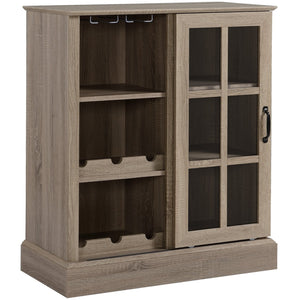 English Elm HOMCOM Rustic Wine Bar Cabinet with 6-Bottle Rack, Stemware Slots, Sliding Glass Door & Shelves W2225P217404