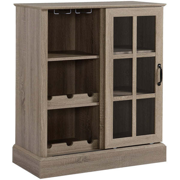 English Elm HOMCOM Rustic Wine Bar Cabinet with 6-Bottle Rack, Stemware Slots, Sliding Glass Door & Shelves W2225P217404