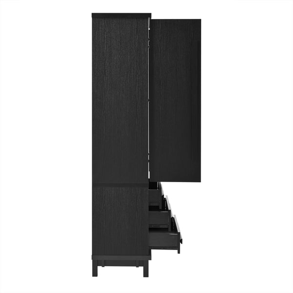 English Elm 70" Tall Pantry Cabinet Rubberwood Legs Three Drawers Six Door Shelves Kitchen Storage Black N762P326960B