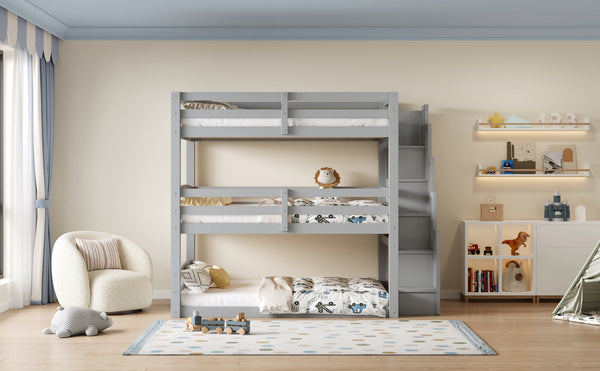English Elm Full Size Triple Bunk Bed Solid Pine Frame with Storage Staircase Separate Convertible Design Gray N7090000477E