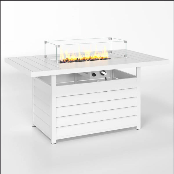 English Elm 54.3 Inch Aluminum Rectangular Propane Fire Table with Convertible Lid for Patio White B082S00070
