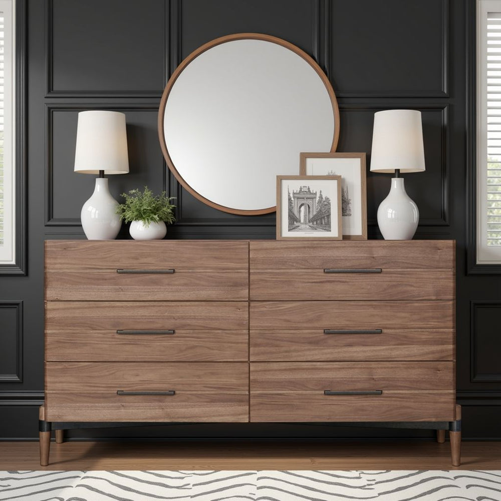 English Elm Tranquility Six Drawer Walnut Veneer Dresser with Tapered Legs and Bronze Hardware B108P411443