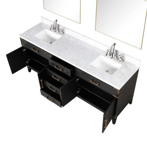 English Elm Black Oak Double Bath Vanity With Carrara Marble Top, Chrome Faucets & 2 Matching Mirrors, 84" W B2731S02193