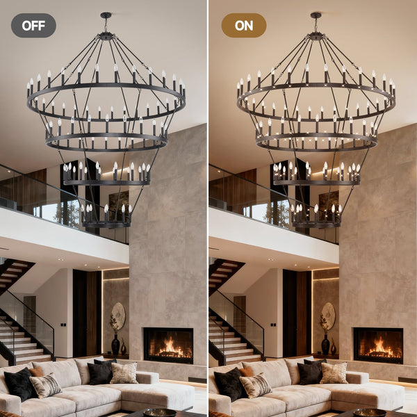 English Elm 69.3 Inch Four Tier Wagon Wheel Chandelier Matte Black Metal 80 Light Farmhouse Foyer W5008P392692