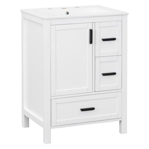 English Elm Modern 24 Inch Bathroom Vanity Solid Wood Cabinet with Ceramic Sink and Soft Close Storage White N729P292859K