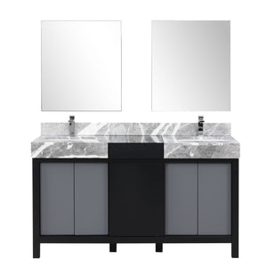 English Elm Black Double Bath Vanity 60" With Castle Grey Marble Top, Chrome Faucets & 28" Mirrors For Modern Spaces B2731S01156