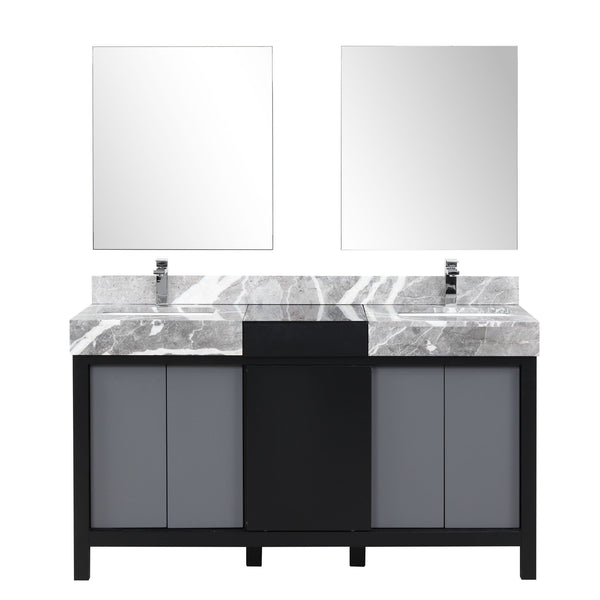 English Elm Black Double Bath Vanity 60" With Castle Grey Marble Top, Chrome Faucets & 28" Mirrors For Modern Spaces B2731S01156