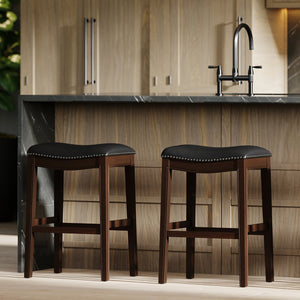English Elm 31in. Hardwood Barstool Nailhead Faux Leather Seat Club Style Kitchen Island Seating Black B2751P436417
