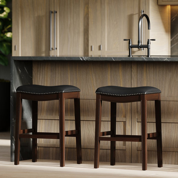 English Elm 31in. Hardwood Barstool Nailhead Faux Leather Seat Club Style Kitchen Island Seating Black B2751P436417