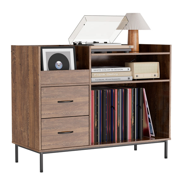 English Elm Record Player Stand with Flip-Down Lid, Built-In Power & USB, Dust-Protecting Turntable Console for 300+ Vinyls Brown W2735P332344
