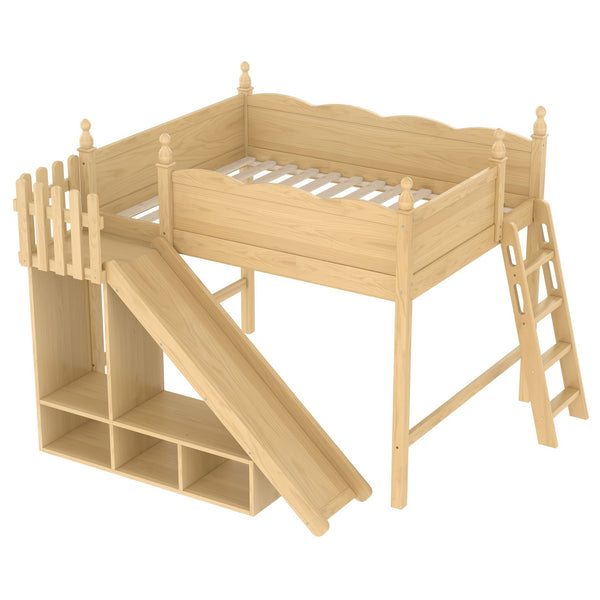 English Elm Full Loft Bed With Fun Slide, Storage Shelves, Solid Wood Design For Kids' Cozy Room Setup W1580S00247