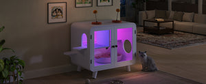 English Elm Cat Litter Box Enclosure Mdf Cabinet with Rgb Lighting Glass Doors and Play Loft White N704P419240K