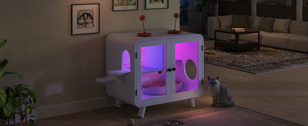 English Elm Cat Litter Box Enclosure Mdf Cabinet with Rgb Lighting Glass Doors and Play Loft White N704P419240K