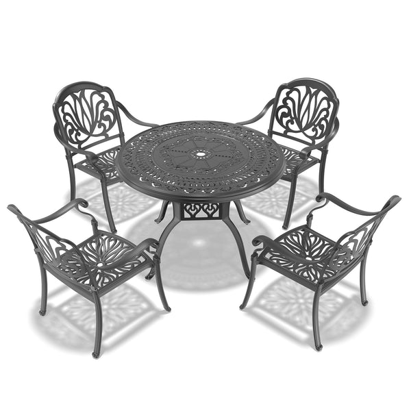 English Elm 5-piece Cast Aluminum Outdoor Dining Set with Carved Relief Chairs and Cushioned Seats W1710S00546