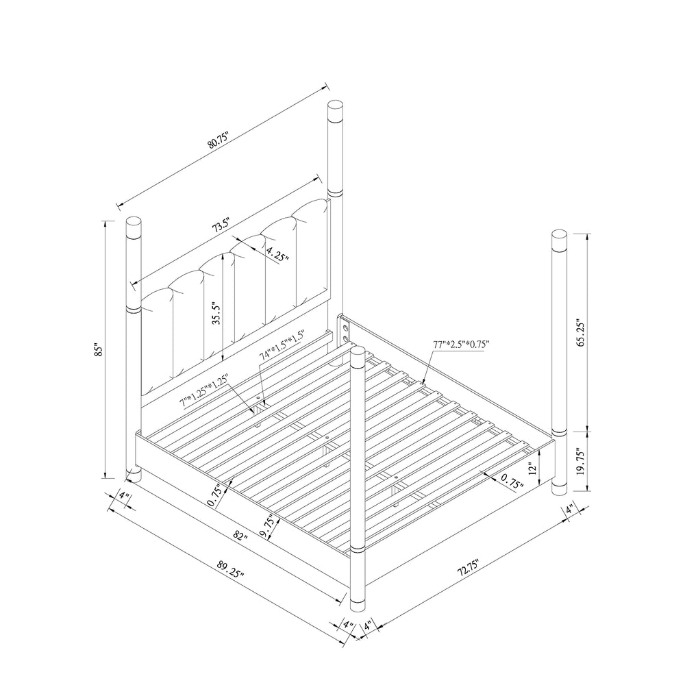 English Elm Sarai Four-Post Solid Wood Bed with Plush Upholstered Headboard and Metal Accents, Low Profile Queen Brown B201S00414
