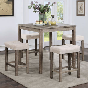 English Elm Transitional 5pc Counter Height Dining Set – Gray Farmhouse Table with 4 Beige Linen-Like Tufted Stools B011P230005