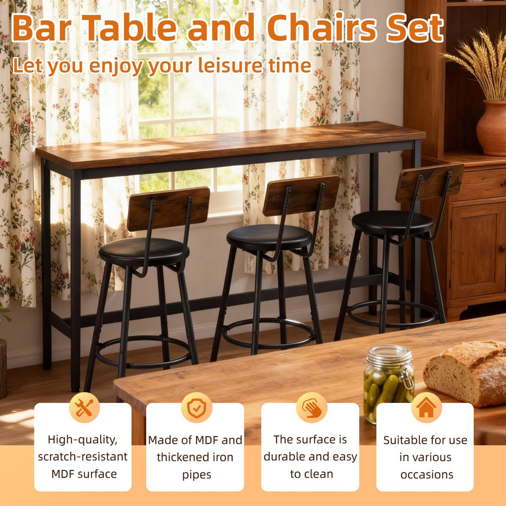 English Elm Bar Table Set with 3 Pu Leather Stools Industrial Steel Frame Rustic Dining Nook W3204P428249