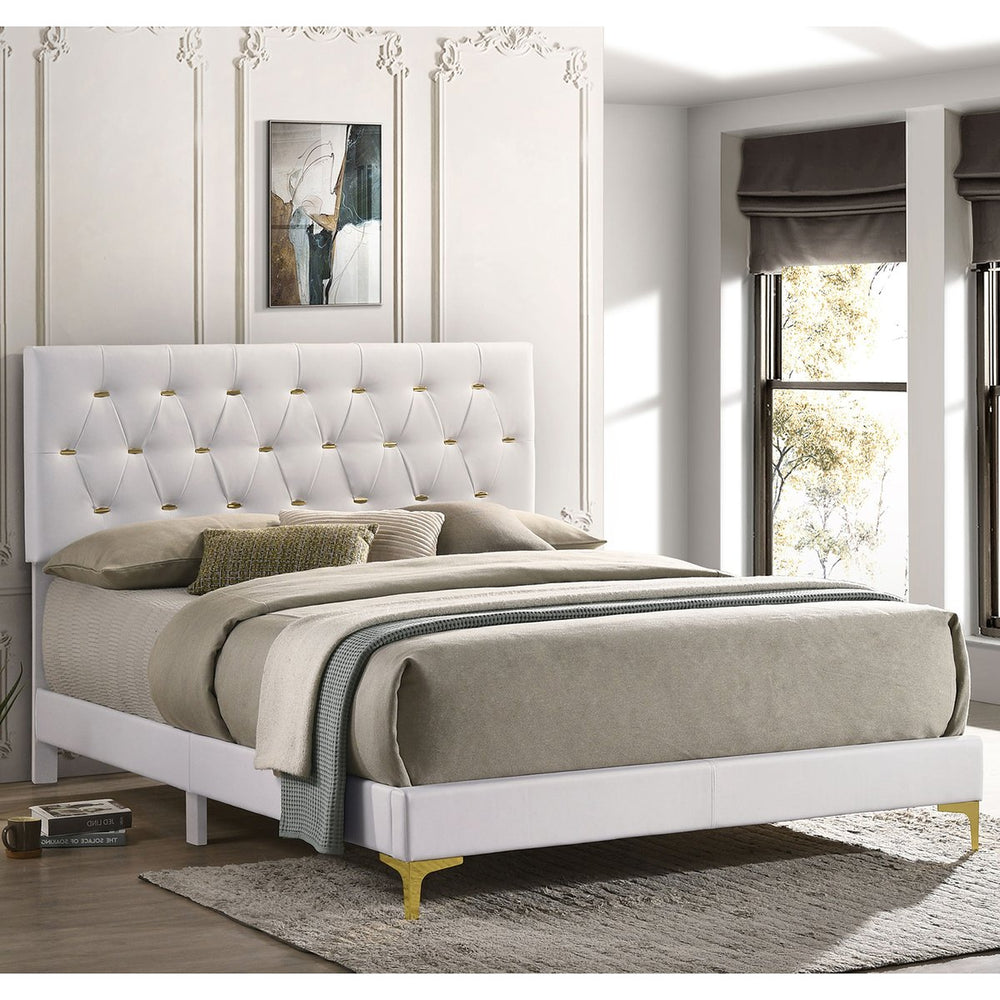 English Elm James Glam Eastern King Bed White Leatherette Diamond Tufted Gold Accent Headboard B062P466878