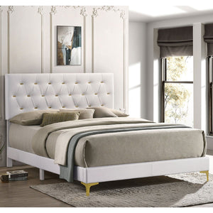 English Elm James Glam Eastern King Bed White Leatherette Diamond Tufted Gold Accent Headboard B062P466878