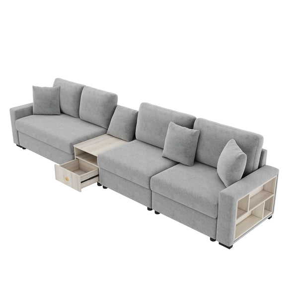 English Elm Modern Chenille Modular Sofa with Console Storage Armrest for Spacious Living Rooms Grey N763S000065E