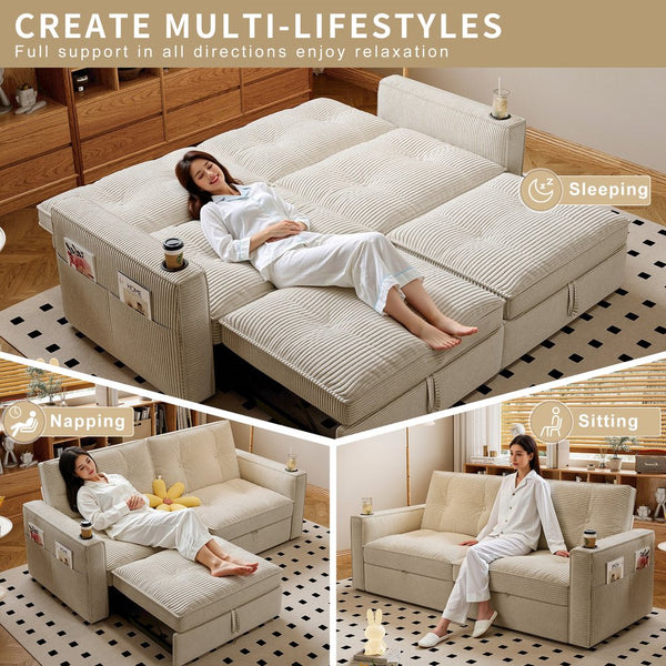 English Elm SOMNUS Convertible Sofa Bed with Corduroy Upholstery, Space-Saving 2-in-1 Design, Durable Steel Frame White W3820S00010