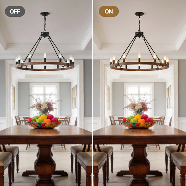 English Elm 31.5 Inch Wagon Wheel Chandelier Wood Matte Black 12-light Farmhouse Pendant Fixture W5008P464752
