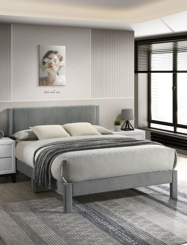 English Elm 1pc Plush Upholstered Headboard Queen Bed with Ribbed Texture, Low-Profile Frame and Sleek Modern Design Light Gray 54.7 L x 21.3 W x 6.9 H B2741P322603
