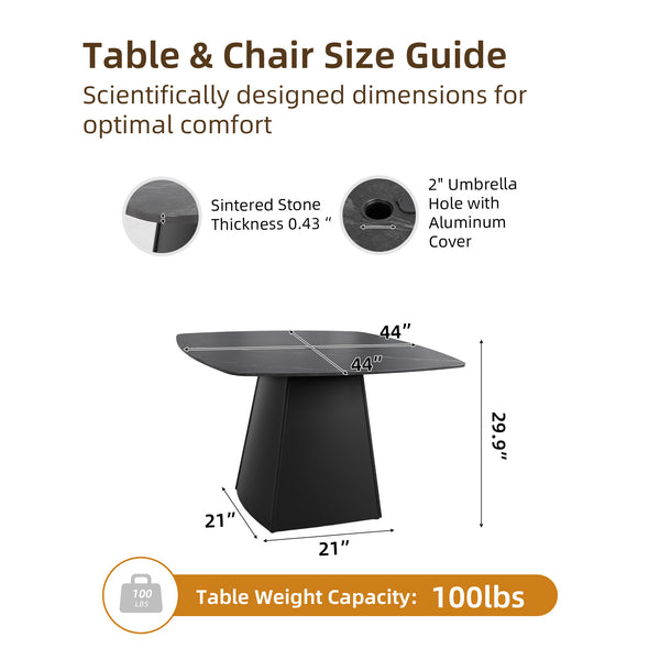 English Elm Modern 44" Rounded Square Patio Dining Table with Black Sintered Stone Top, Rust-Free Aluminum Base Seats 4 W1886P310020
