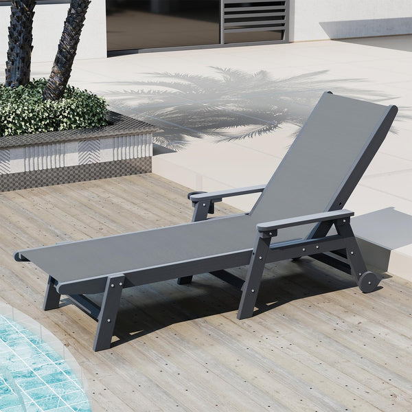 English Elm Lounge Outdoor Hdpe Reclining Chaise with Teslin Fabric Seat Wheels and Cup Holder Dark Grey W1859P494754