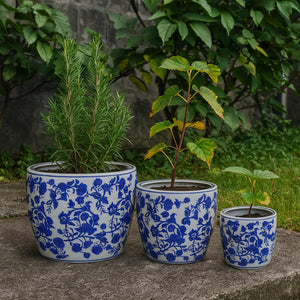 English Elm Garden Ceramic Planter Trio Hand Painted Floral Glazed Japanese Style Home Decor Set Blue And White Stripes B056P412620