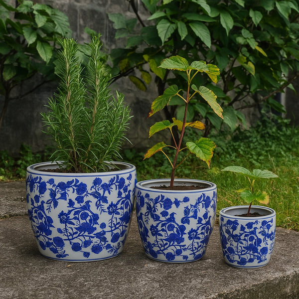 English Elm Garden Ceramic Planter Trio Hand Painted Floral Glazed Japanese Style Home Decor Set Blue And White Stripes B056P412620