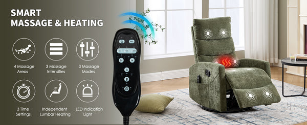 English Elm Heat Massage Rocker Recliner with Swivel Base Vibrating Nodes Lumbar Relief Fabric W3224P357572