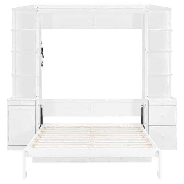 English Elm Queen Murphy Bed with Integrated Desk Cabinet Storage Wall Unit for Home Office White LP000739AAK