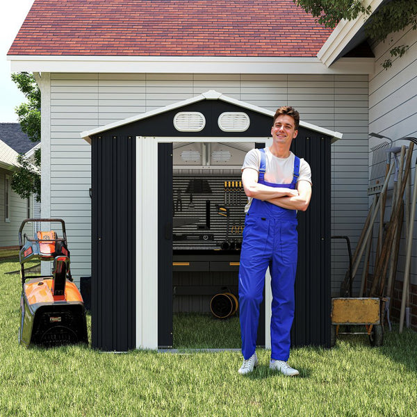 English Elm Campcraft 8x6 Outdoor Metal Storage Shed with Lockable Doors and Ventilation for Backyard Dark Gray W1598S00044