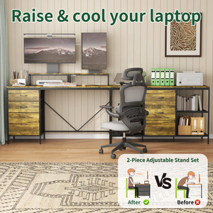 English Elm 114 Industrial L-Shaped Desk 114" with Power Hub & USB-C, 6 Fabric Drawers, 3 Shelves, Rustic Brown W2735P332342
