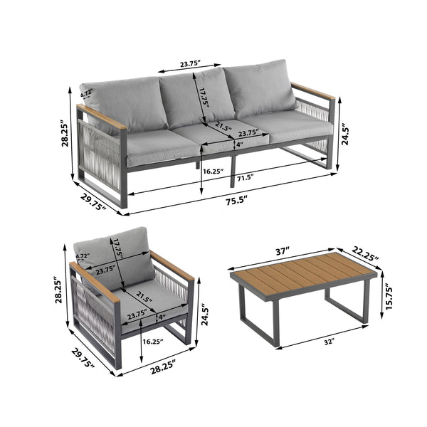 English Elm Christopher Knight Home® - 4-Pieces Outdoor Metal Patio Furniture Set with Deep-Seat Cushions, Teslin Rope, Wood-Look Tabletop, Rust-Resistant Frame Natural+Grey N780P2540723G
