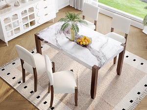 English Elm 5-Piece Counter Height Dining Set with Faux Marble Top and Upholstered Seats, Mid-Century Pub Charm Beige+Brown,White N752S000885K