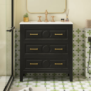 English Elm 30'' Bathroom Vanity with Ceramic Sink, Solid Wood Frame Retro Style Vanity with 3 Drawers & Gold Handles Black N710P246209B