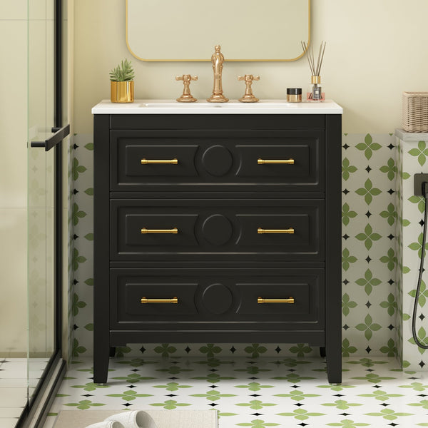 English Elm 30'' Bathroom Vanity with Ceramic Sink, Solid Wood Frame Retro Style Vanity with 3 Drawers & Gold Handles Black N710P246209B