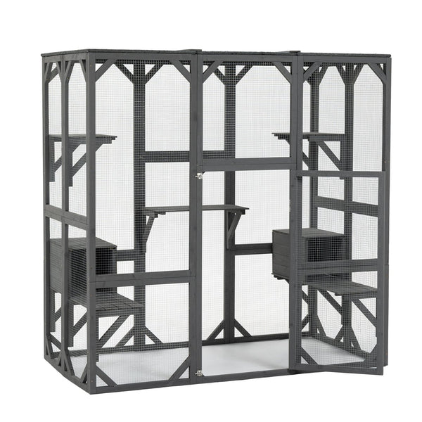 English Elm Outdoor Wooden Catio Enclosure with Platforms Condos and Weatherproof Fir Frame for Cats W1422P345496