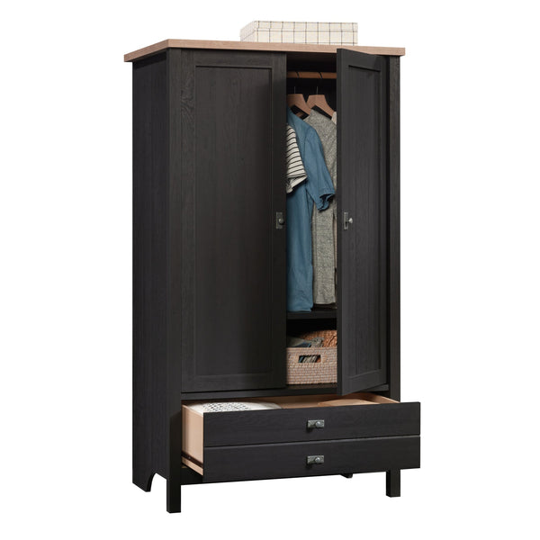 English Elm Armoire, Sleek Black Storage Solution With Adjustable Shelves For Compact Living Spaces & Style B356P402654