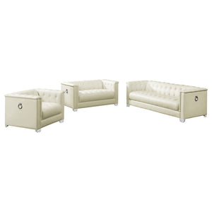 English Elm Hailey Pearl White 3-Piece Tuxedo Arms Living Room Set with Chrome Doorknocker Handles, Mid-Century Flair B062S01158