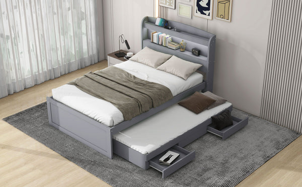 English Elm Twin XL Platform Bed with LED Headboard, Built-In Charging Station, Trundle & 2 Drawers for Space-Saving Bedrooms Gray GX001829AAE