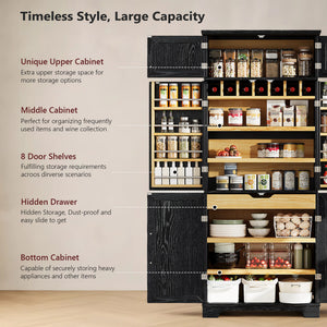 English Elm K&k Farmhouse Pantry Cabinet Tall Freestanding Kitchen Storage with Drawers Shelves Black N707P356567B