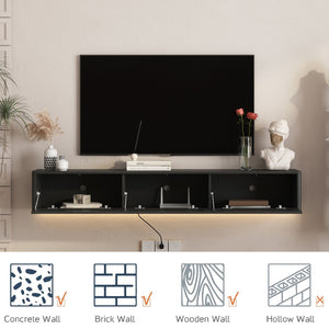 English Elm Floating Wall Mounted Tv Shelf with Led Backlight Gloss Cabinet and Built in Power Strip Black W1321P391262