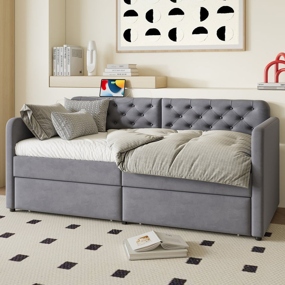 English Elm Twin Velvet Daybed with Storage Drawers Tufted Sofa Bed for Guest or Studio Rooms W1670P410536