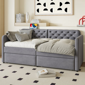 English Elm Twin Velvet Daybed with Storage Drawers Tufted Sofa Bed for Guest or Studio Rooms W1670P410536