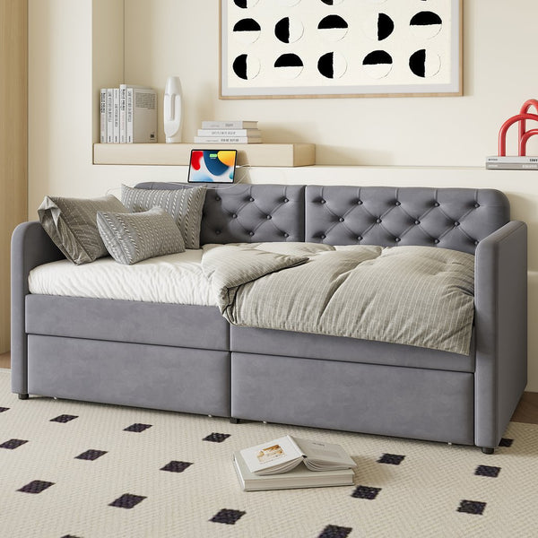 English Elm Twin Velvet Daybed with Storage Drawers Tufted Sofa Bed for Guest or Studio Rooms W1670P410536