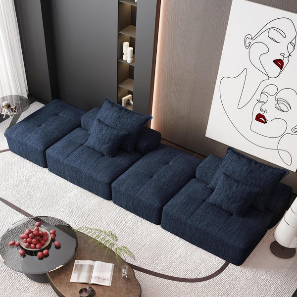 English Elm Modern Modular Sectional Sofa Set – Oversized Chenille Fabric Couch With 2 Ottomans & 4 Pillows, Blue W1885S00063